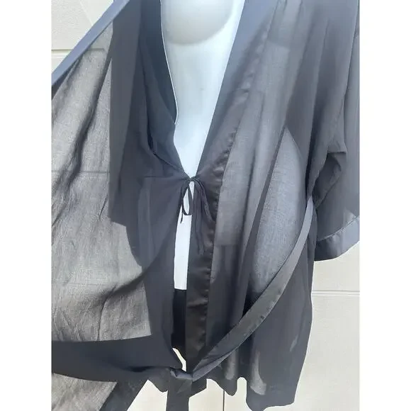 SOMA Black Sheer Chiffon Satin Sleeves Short Robe Kimono SZ L/XL Sensual Classic